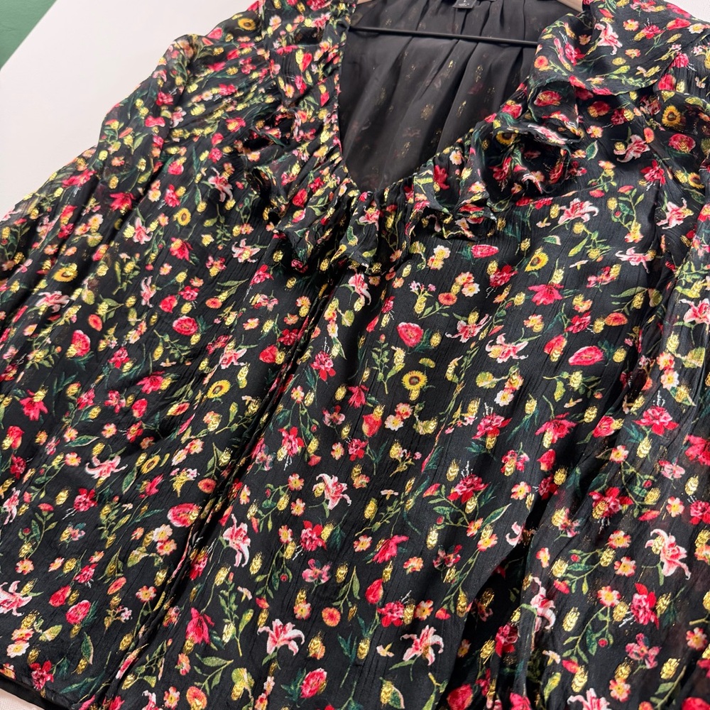 J.Crew Black Floral Gold Metallic Ruffle Blouse Large Romantic Holiday Party Top - Picture 4 of 10